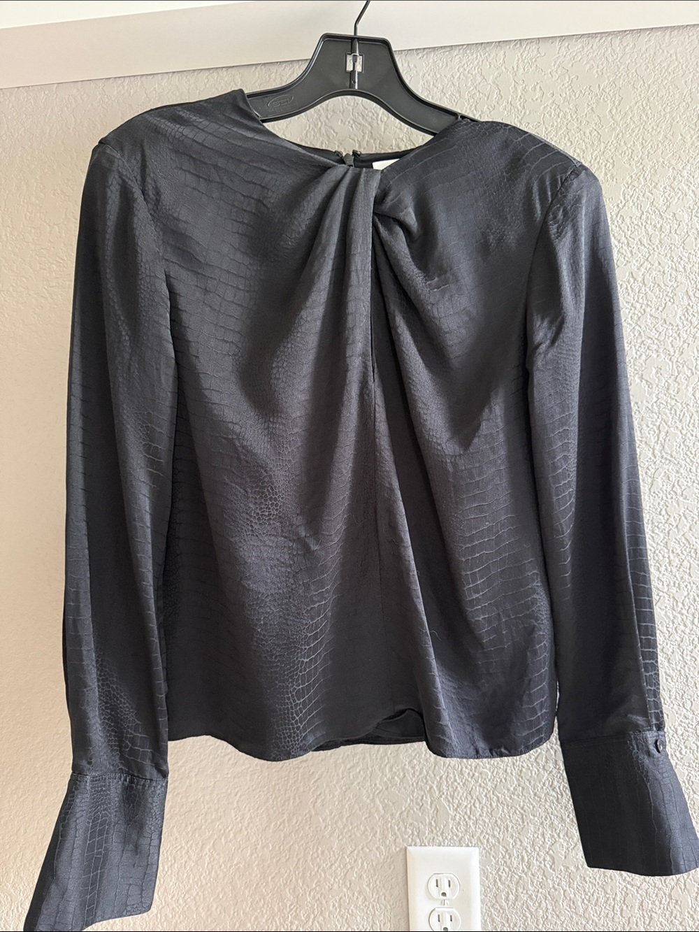 Frame Denim Black Silk Twist-Front Long Sleeve Blouse Sz S